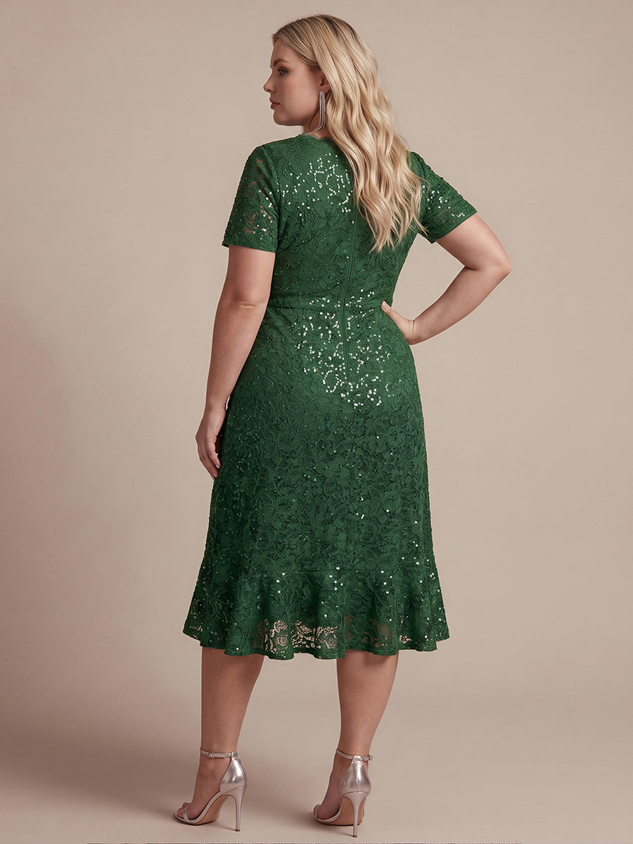 Midi Tea L?nge Meerjungfrau Kleid ¨¹berkreuzter Ausschnitt Spitze Volants Pailletten #Farbe_Dunkelgrün
