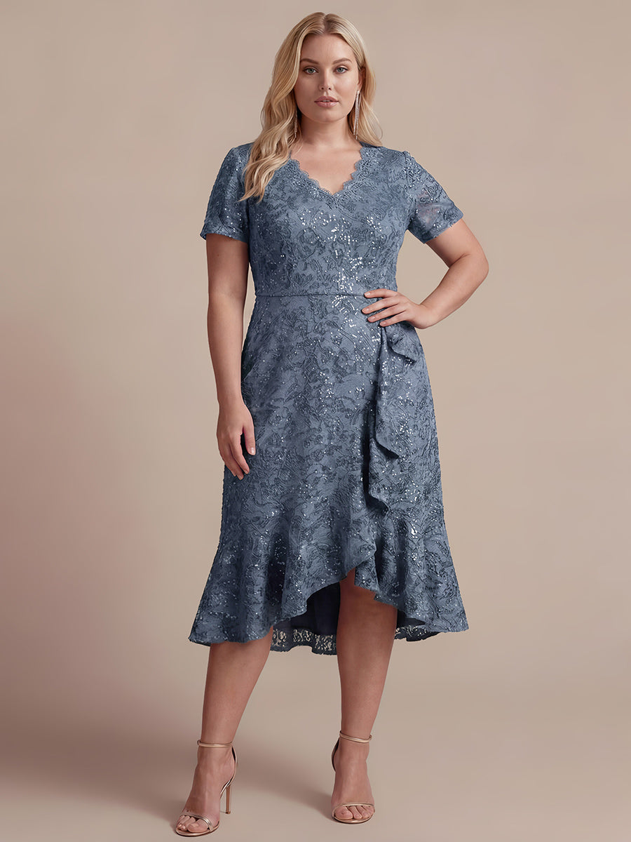 Midi Tea L?nge Meerjungfrau Kleid ¨¹berkreuzter Ausschnitt Spitze Volants Pailletten #Farbe_Taubenblau