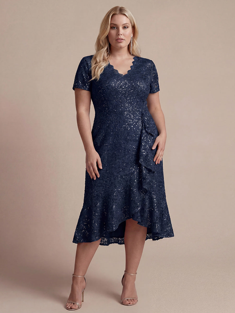 Midi Tea L?nge Meerjungfrau Kleid ¨¹berkreuzter Ausschnitt Spitze Volants Pailletten #Farbe_Marineblau
