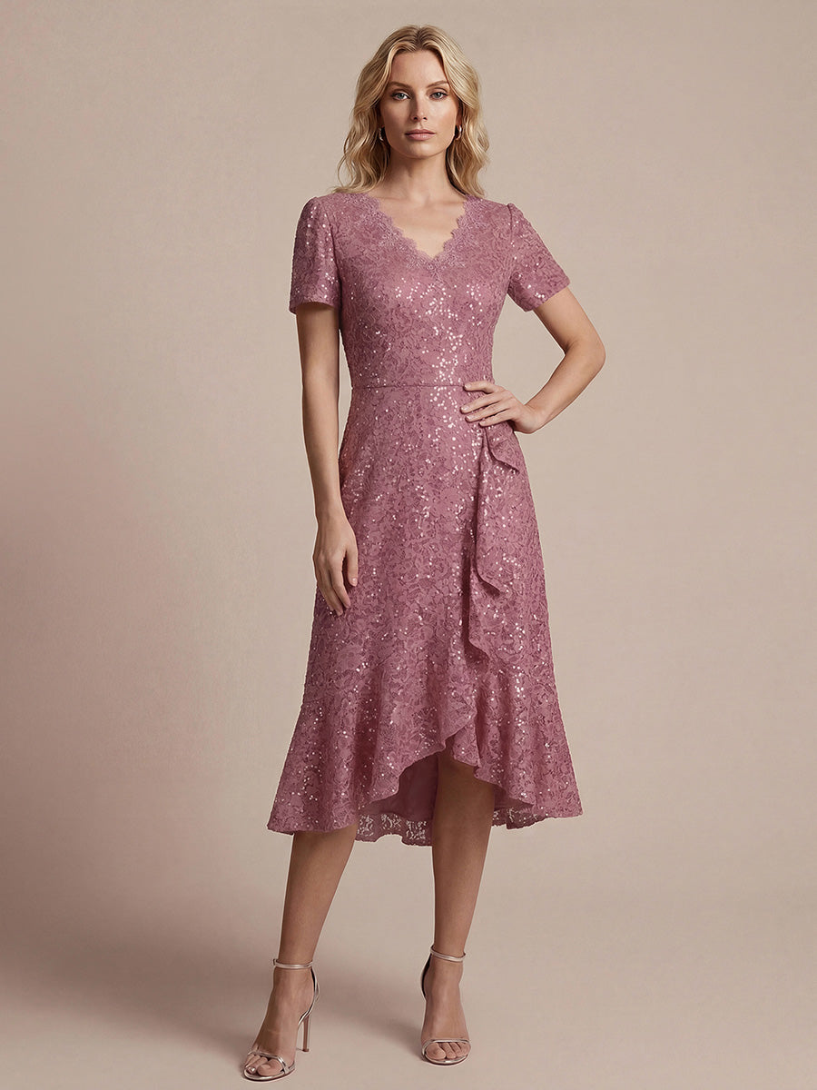 Midi Tea L?nge Meerjungfrau Kleid ¨¹berkreuzter Ausschnitt Spitze Volants Pailletten #Farbe_Orchideenviolett