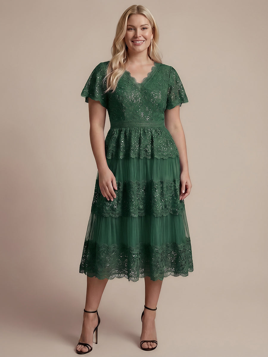 Tea L?nge V-Ausschnitt A-Linie Kleid Aus Spitze Mit R¨¹schen Und Pailletten #Farbe_Dunkelgrün