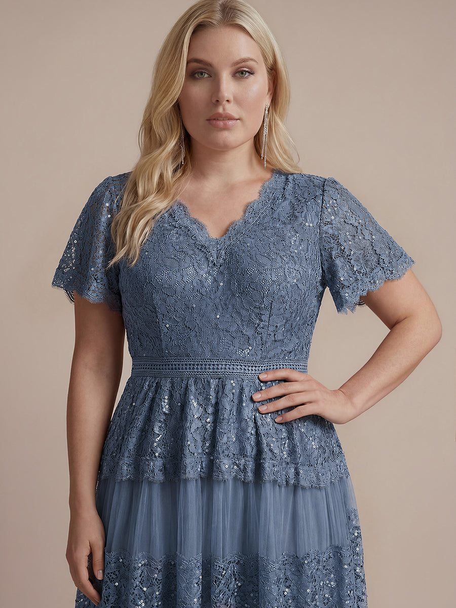 Tea L?nge V-Ausschnitt A-Linie Kleid Aus Spitze Mit R¨¹schen Und Pailletten #Farbe_Taubenblau
