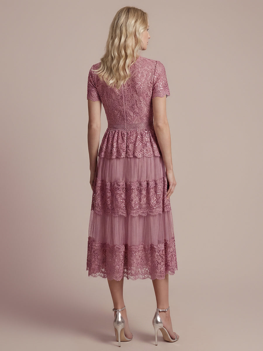 Tea L?nge V-Ausschnitt A-Linie Kleid Aus Spitze Mit R¨¹schen Und Pailletten #Farbe_Orchideenviolett