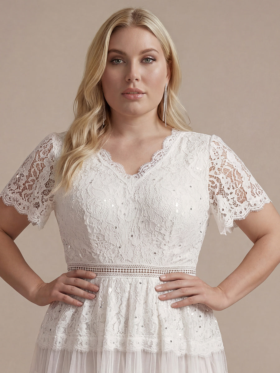 Tea L?nge V-Ausschnitt A-Linie Kleid Aus Spitze Mit R¨¹schen Und Pailletten #Farbe_Weiß
