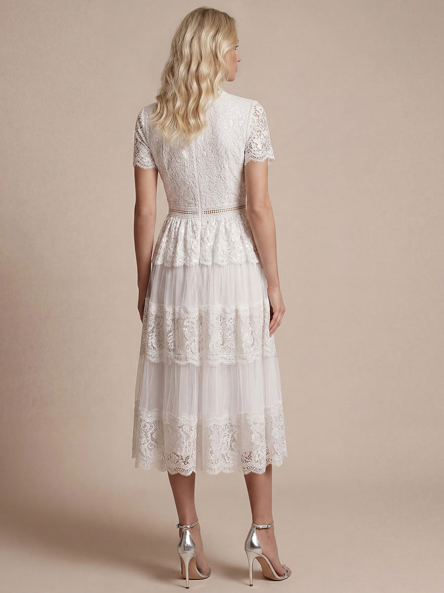 Tea L?nge V-Ausschnitt A-Linie Kleid Aus Spitze Mit R¨¹schen Und Pailletten #Farbe_Weiß