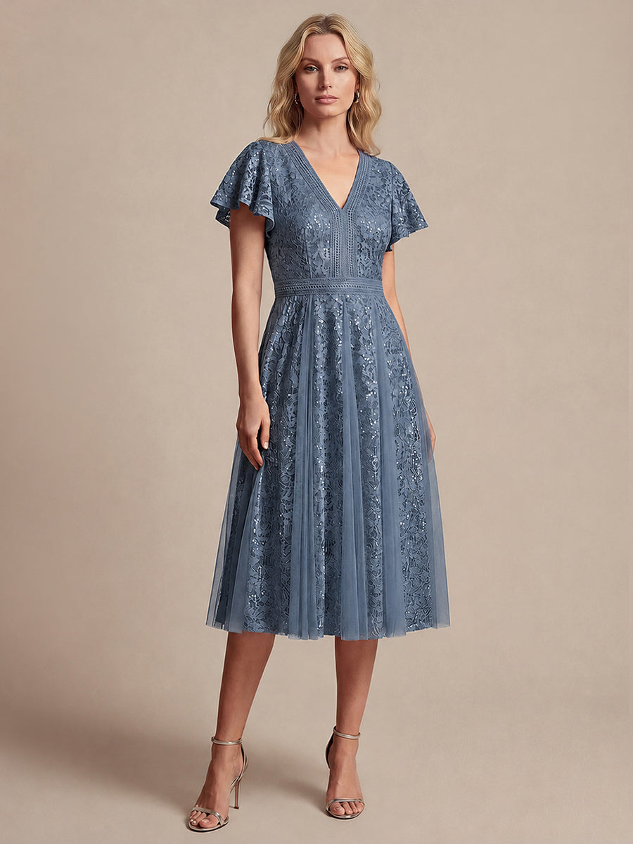 Midi Tee L?nge A Linie Kleid Mit V Ausschnitt Spitze R¨¹schen Und Pailletten #Farbe_Taubenblau
