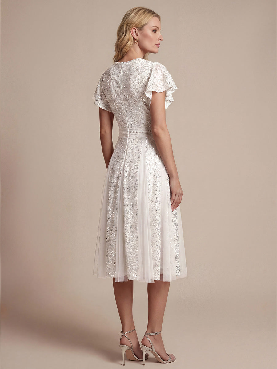 Midi Tee L?nge A Linie Kleid Mit V Ausschnitt Spitze R¨¹schen Und Pailletten #Farbe_Weiß