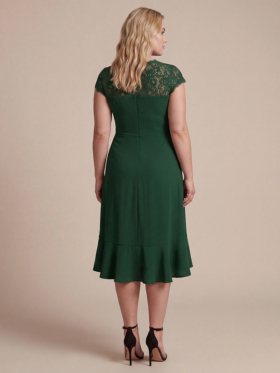 Midi Tea L?nge Meerjungfrau Kleid ¨¹berkreuzter Ausschnitt Spitze Pailletten Volants #Farbe_Dunkelgrün