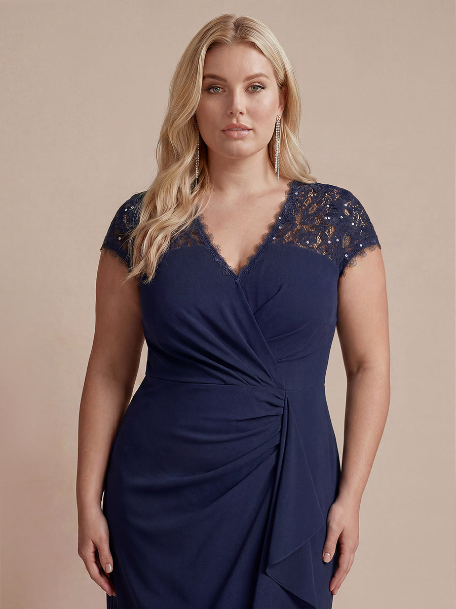 Midi Tea L?nge Meerjungfrau Kleid ¨¹berkreuzter Ausschnitt Spitze Pailletten Volants #Farbe_Marineblau