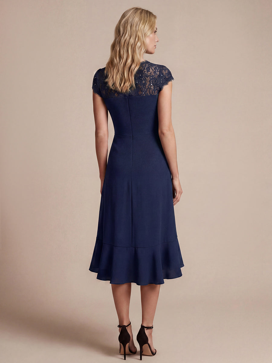 Midi Tea L?nge Meerjungfrau Kleid ¨¹berkreuzter Ausschnitt Spitze Pailletten Volants #Farbe_Marineblau
