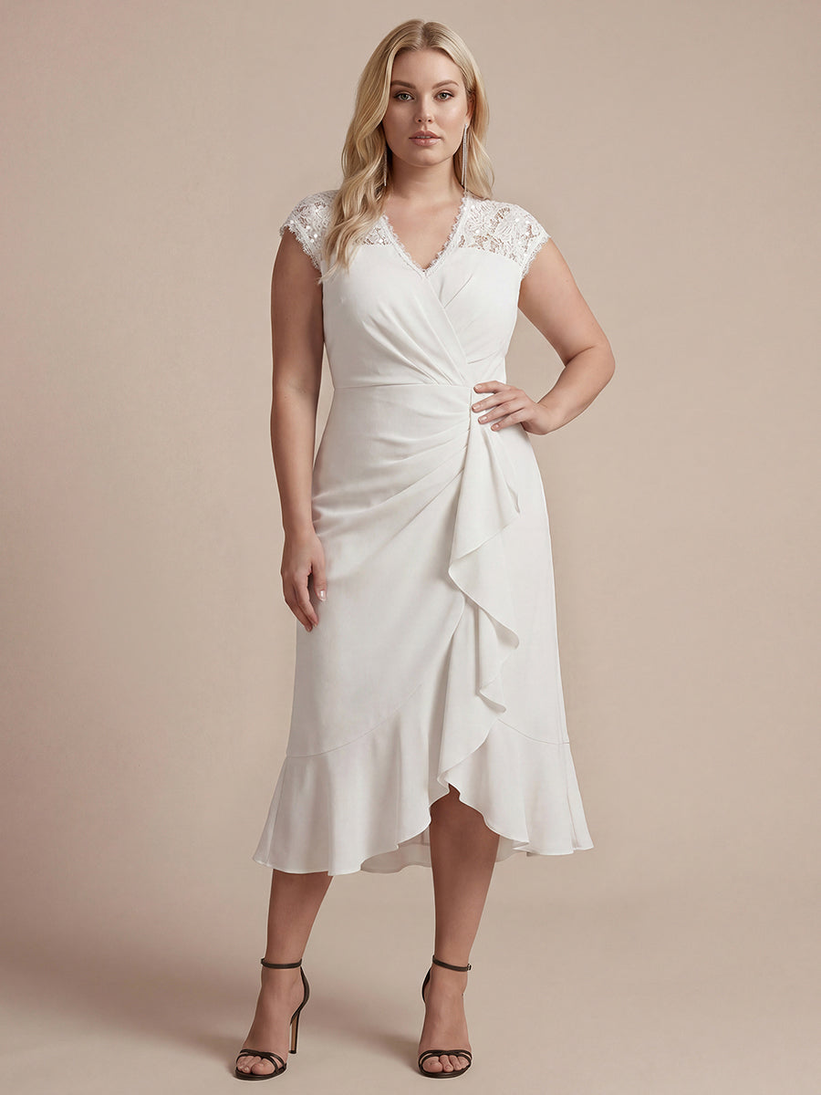 Midi Tea L?nge Meerjungfrau Kleid ¨¹berkreuzter Ausschnitt Spitze Pailletten Volants #Farbe_Weiß