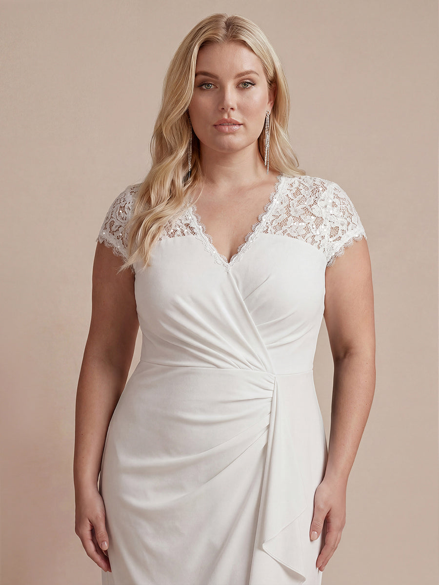 Midi Tea L?nge Meerjungfrau Kleid ¨¹berkreuzter Ausschnitt Spitze Pailletten Volants #Farbe_Weiß