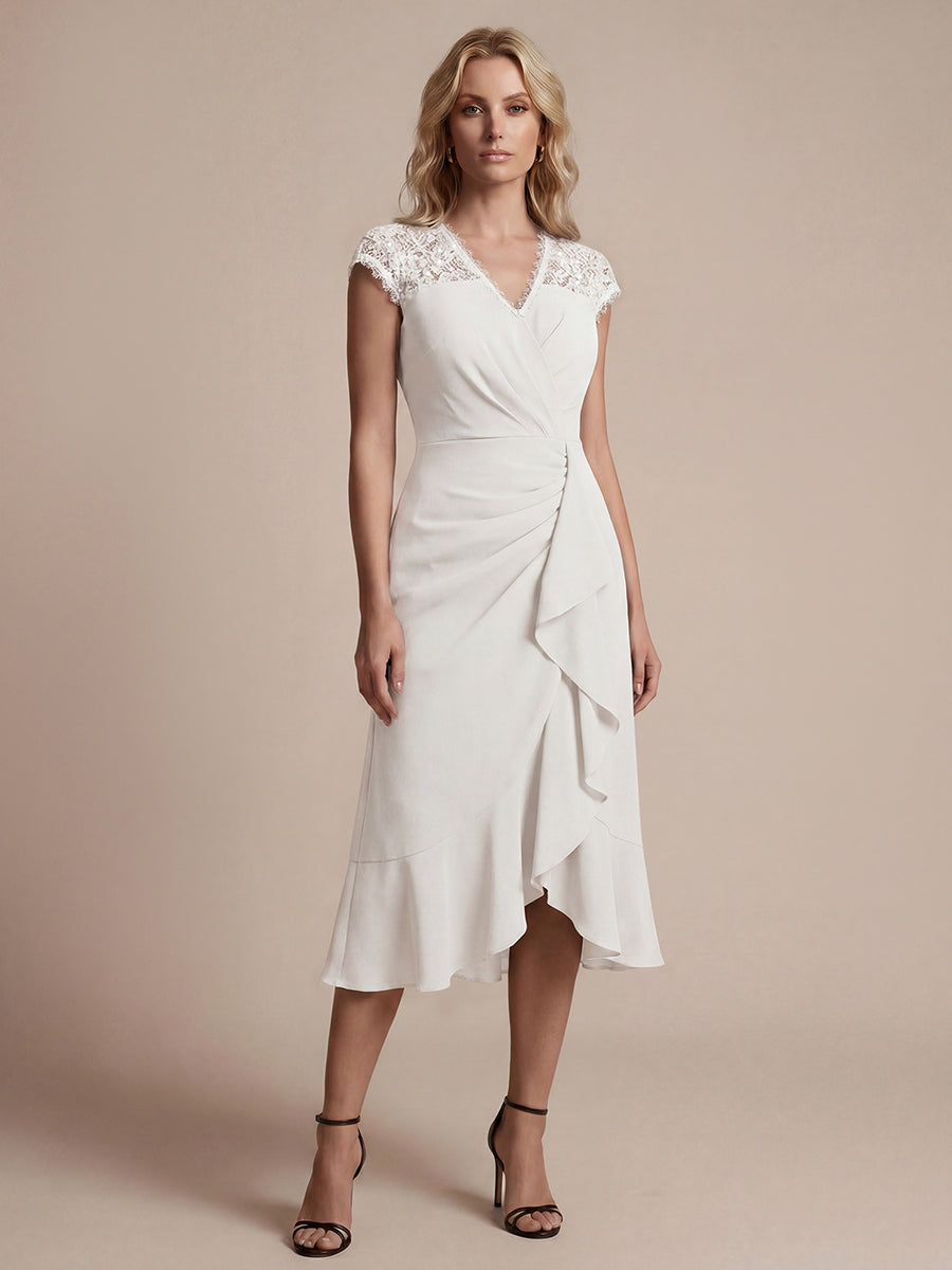 Midi Tea L?nge Meerjungfrau Kleid ¨¹berkreuzter Ausschnitt Spitze Pailletten Volants #Farbe_Weiß