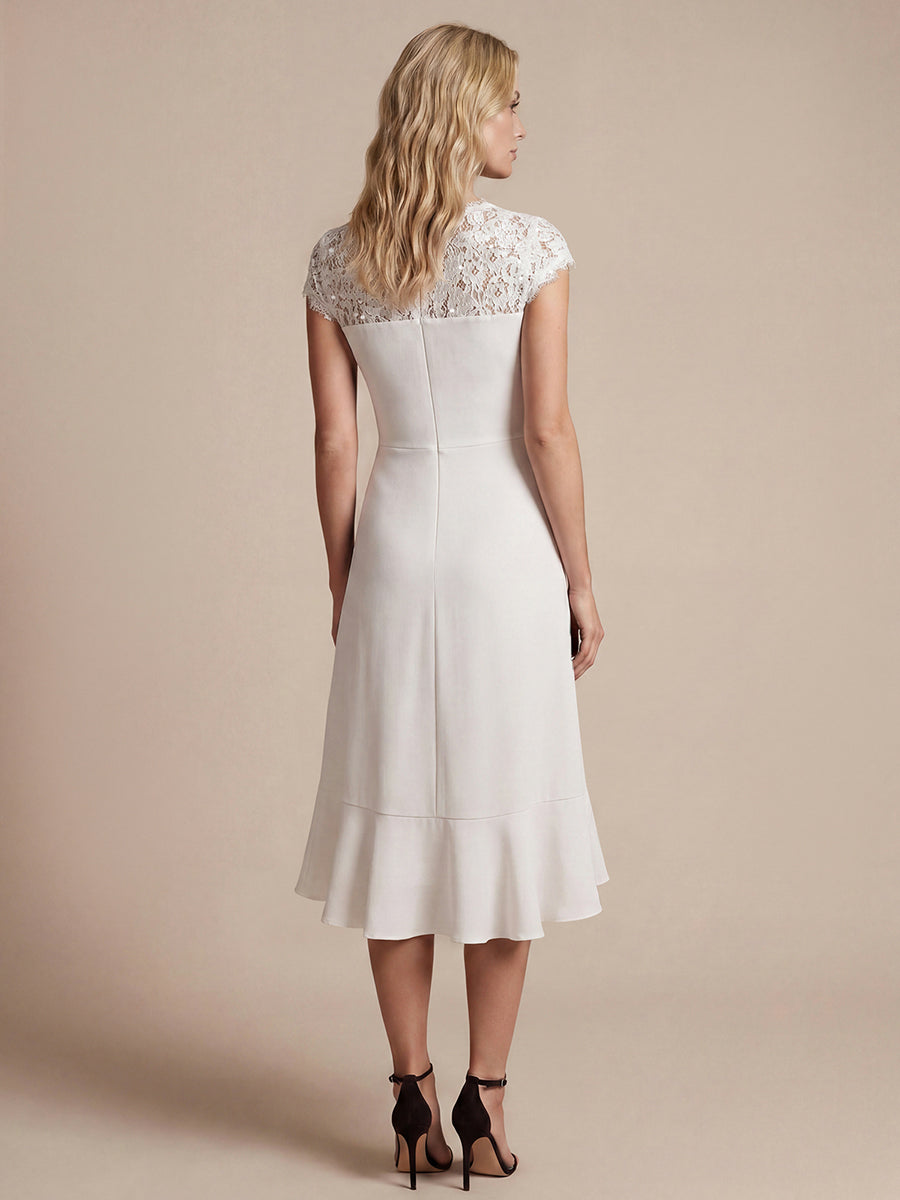 Midi Tea L?nge Meerjungfrau Kleid ¨¹berkreuzter Ausschnitt Spitze Pailletten Volants #Farbe_Weiß