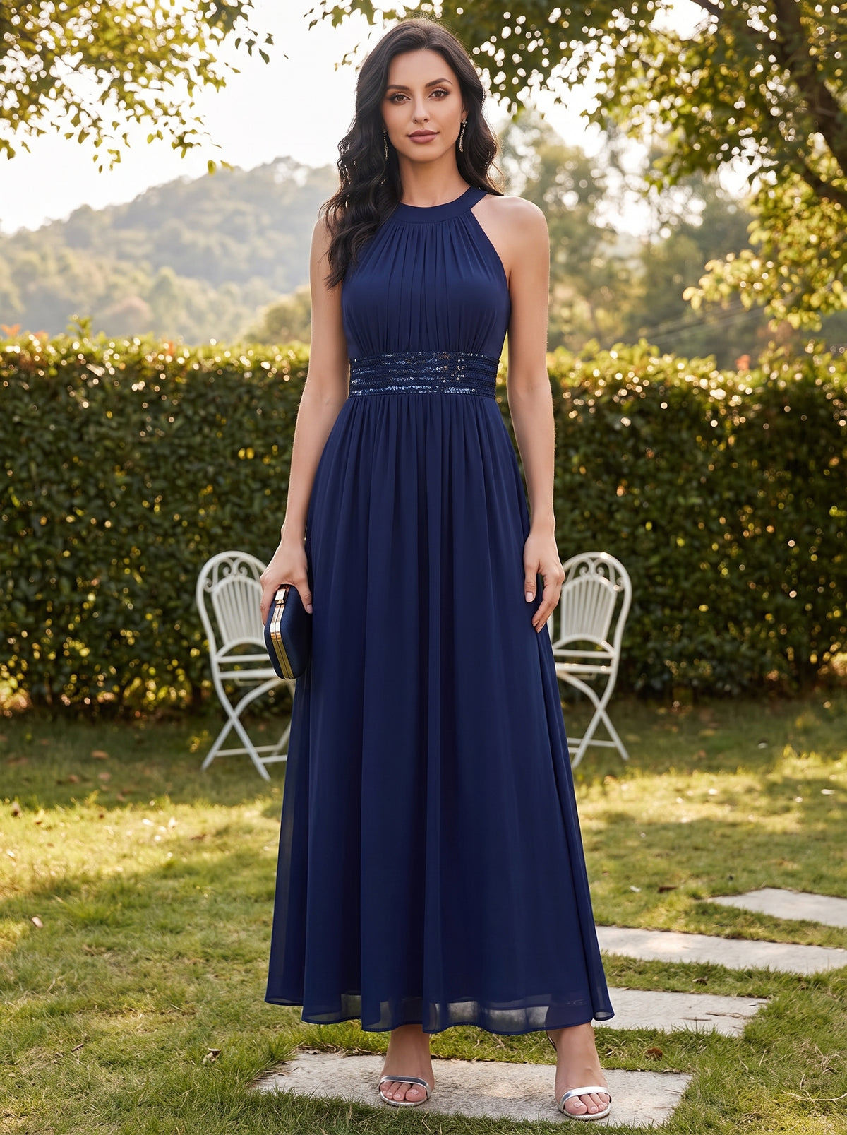 Elegantes langes Chiffonkleid mit Neckholder #farbe_Marineblau