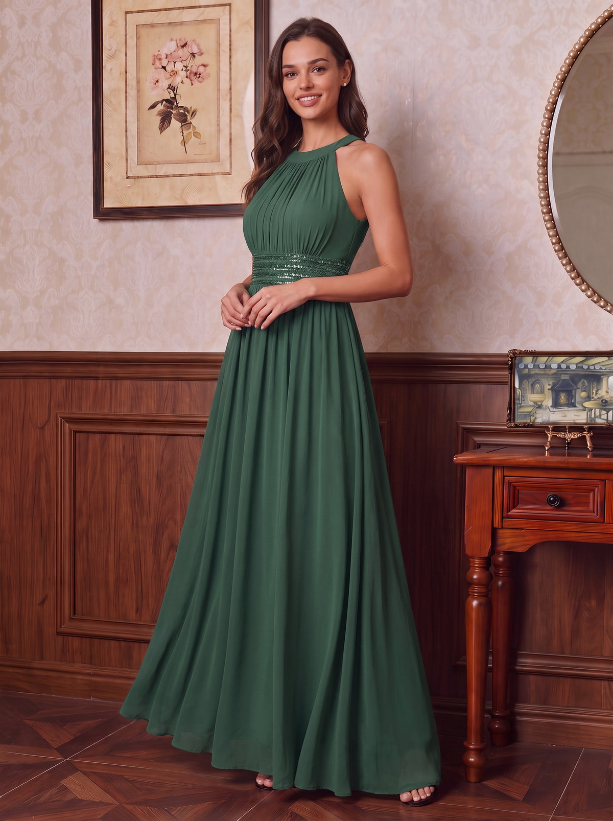 Maxilänge Halternacken Ausschnitt A-Linien Kleid Aus Chiffon Mit Corsage Für Elegante Anlässe Kleid #Farbe_Eukalyptus