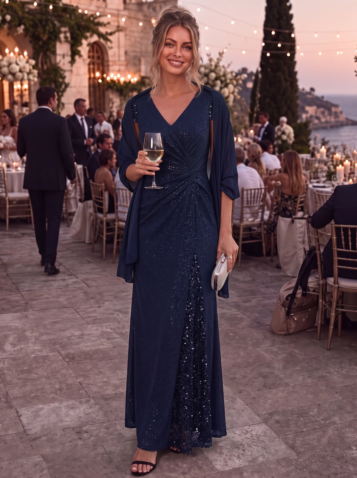 Bodenlanger V-Ausschnitt Bodycon Strickkleid Mit Geknotetem Pailletten Patchwork Glitzer Details Kleid #Farbe_Marineblau