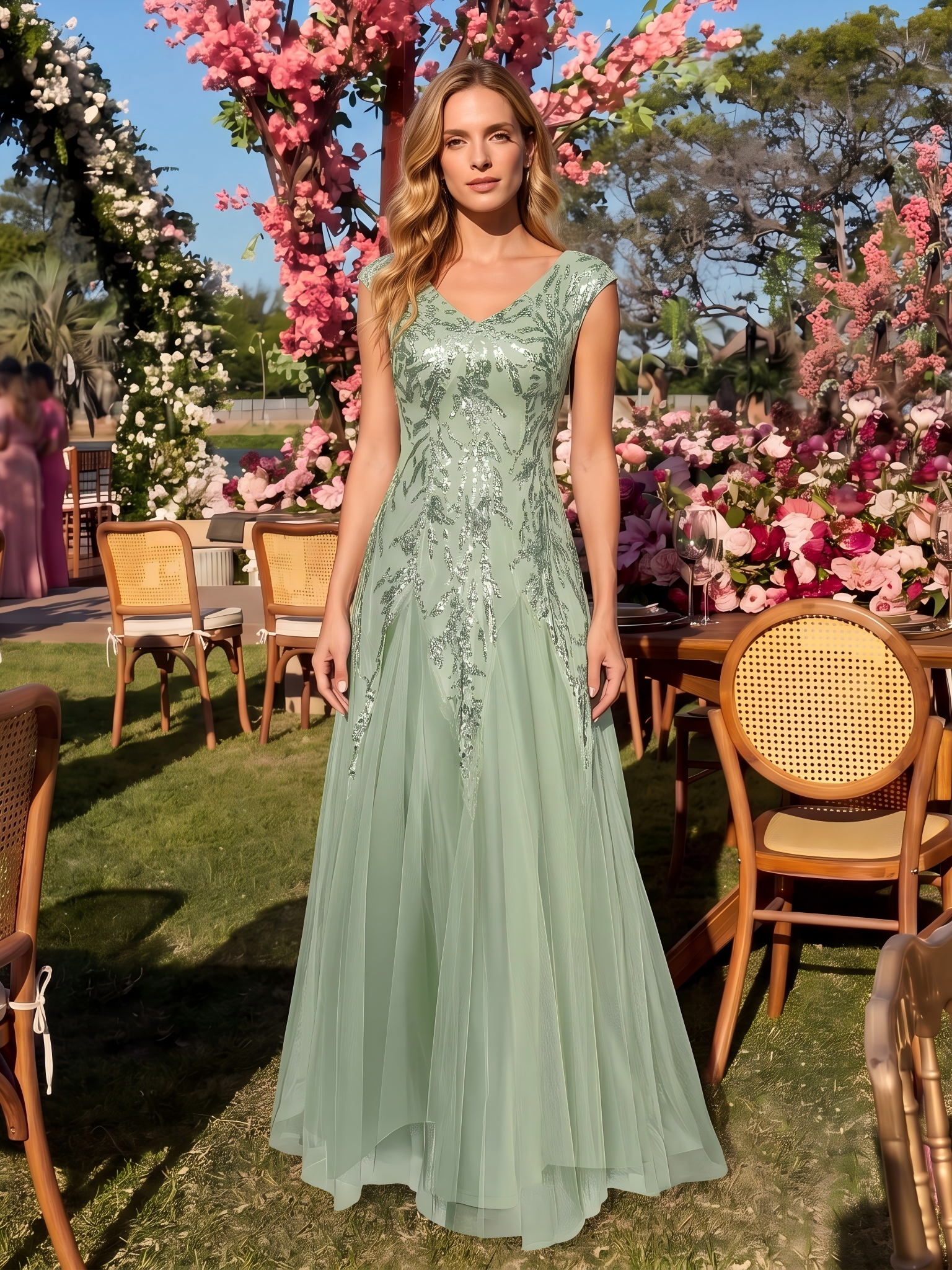 Bodenlanger V-Ausschnitt A-Linie Pailletten Kleid Mit Besticktem Blumenmuster #Farbe_Mintgrün