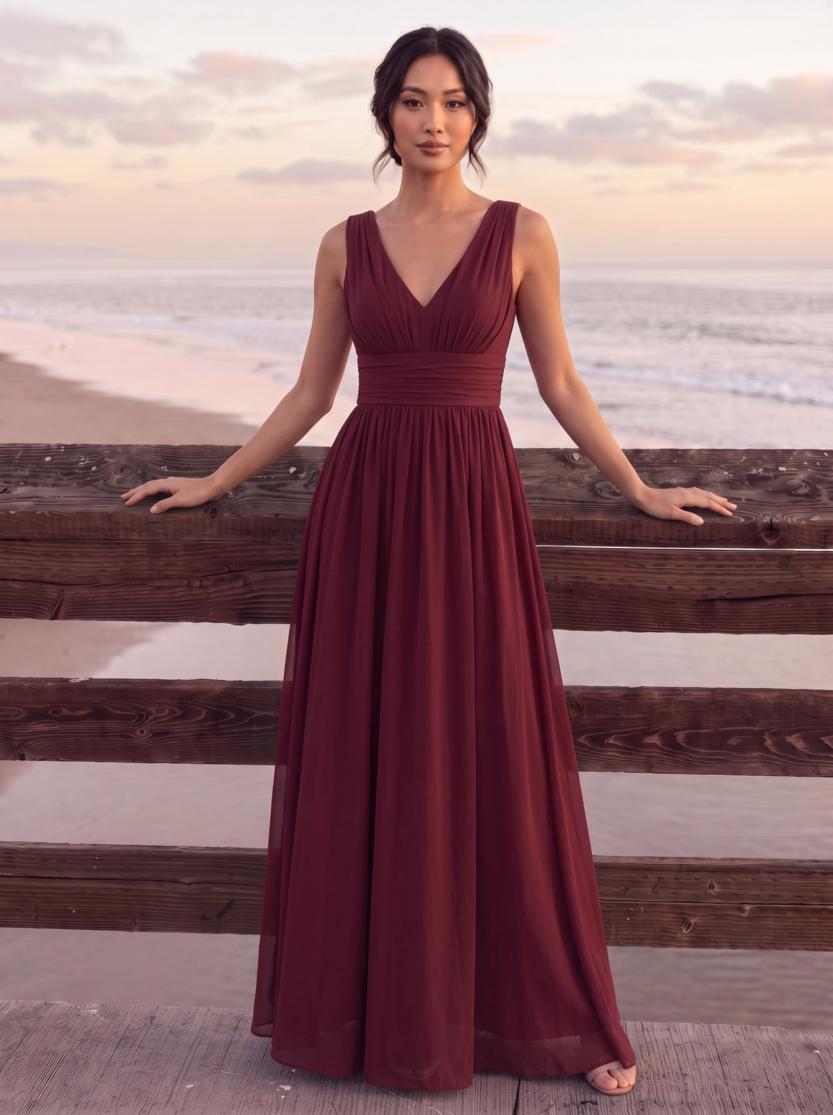 Bodenlanger A-Linien Chiffon Kleid Mit Tiefem V-Ausschnitt Eleganz Kleid #Farbe_Burgunderrot