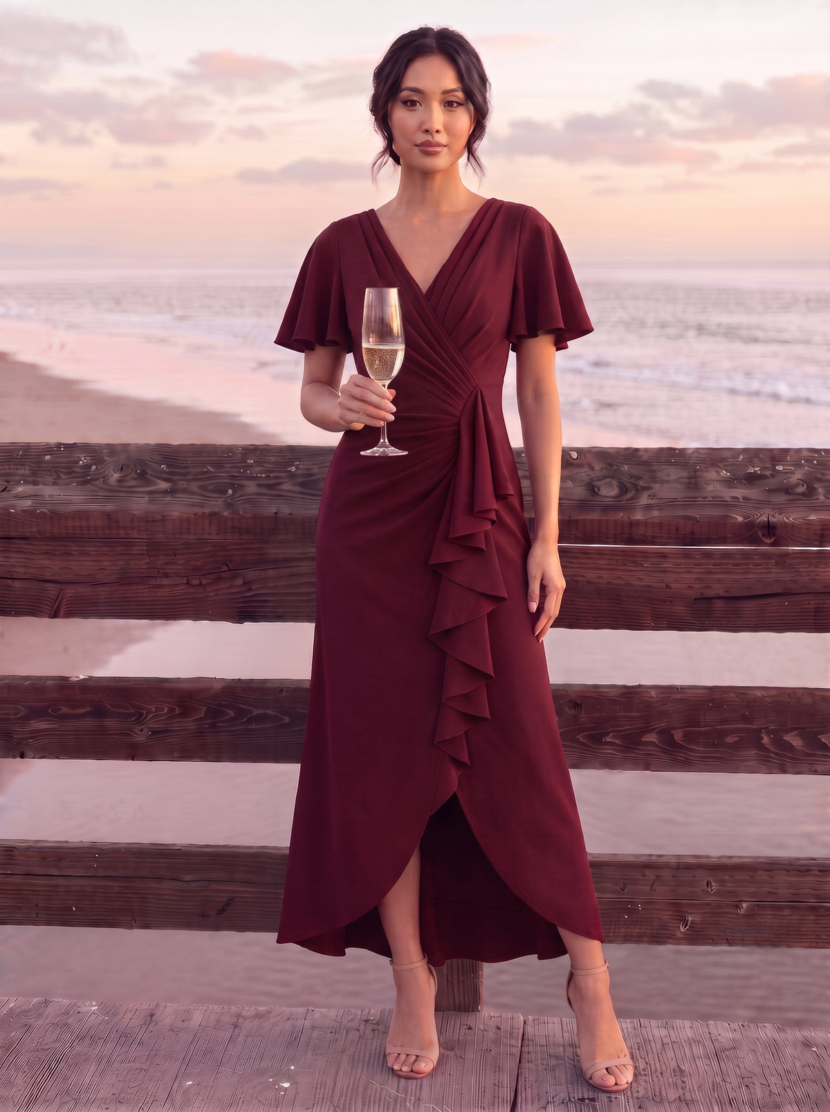 Asymmetrischer Saum V Neck Bodycon Kleid Aus Krepp Mit Tiefem V Ausschnitt Und Hohem Schlitz #Farbe_Burgunderrot