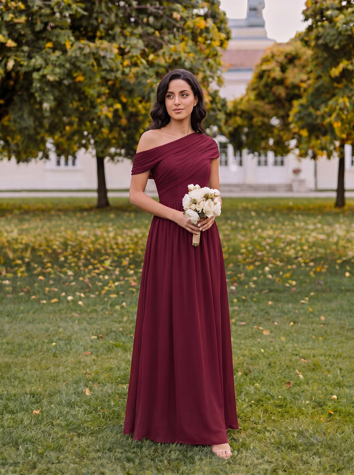 Maxilänge Asymmetrisches A-Linien Chiffon Kleid Mit Raffiniertem Design Für Elegante Anlässe #Farbe_Burgunderrot
