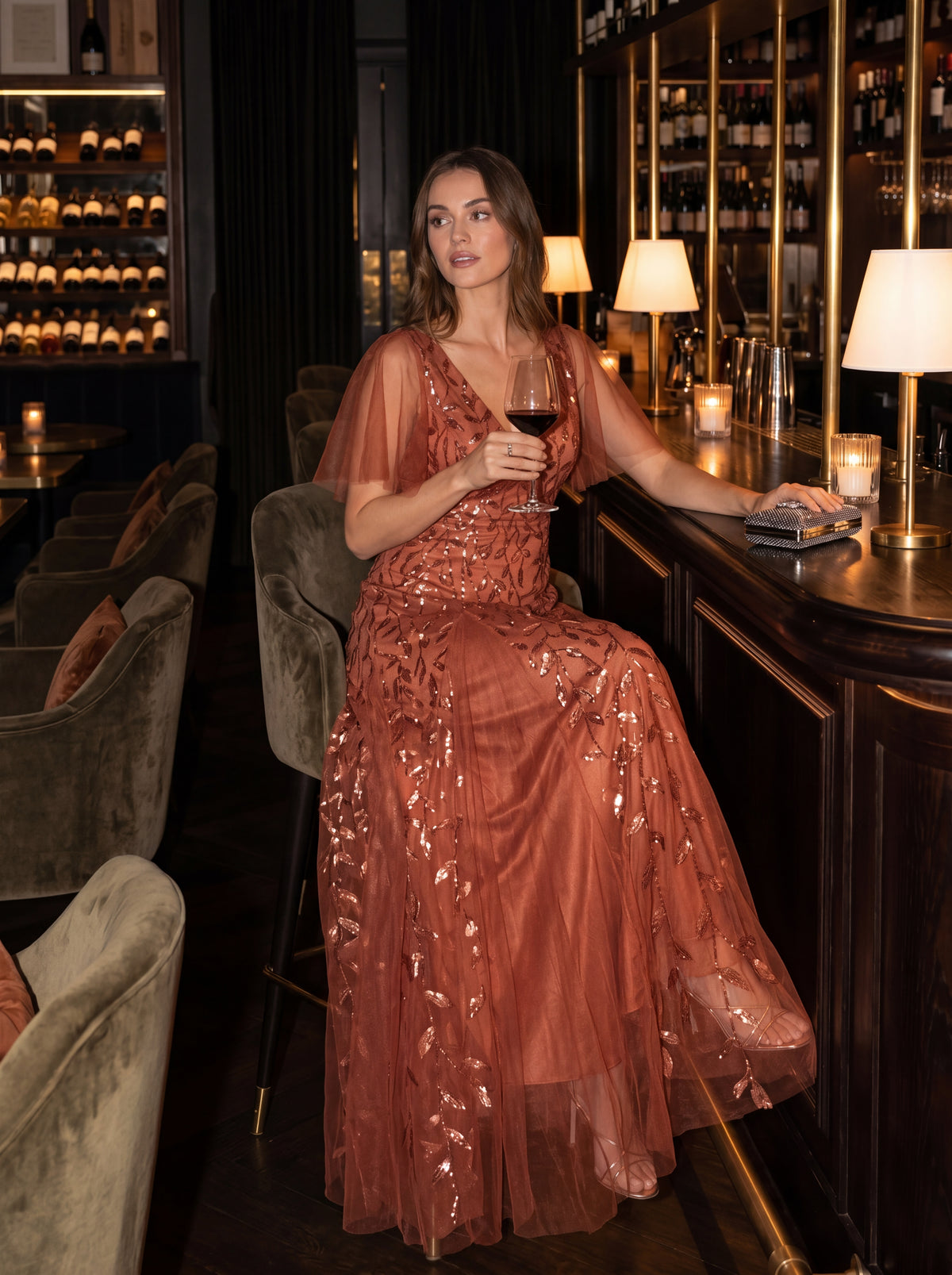 Bodenlanger V-Ausschnitt A-Linie Pailletten Kleid Mit Tiefem V-Ausschnitt Und Funkelnden Details #Farbe_Gebranntes Orange
