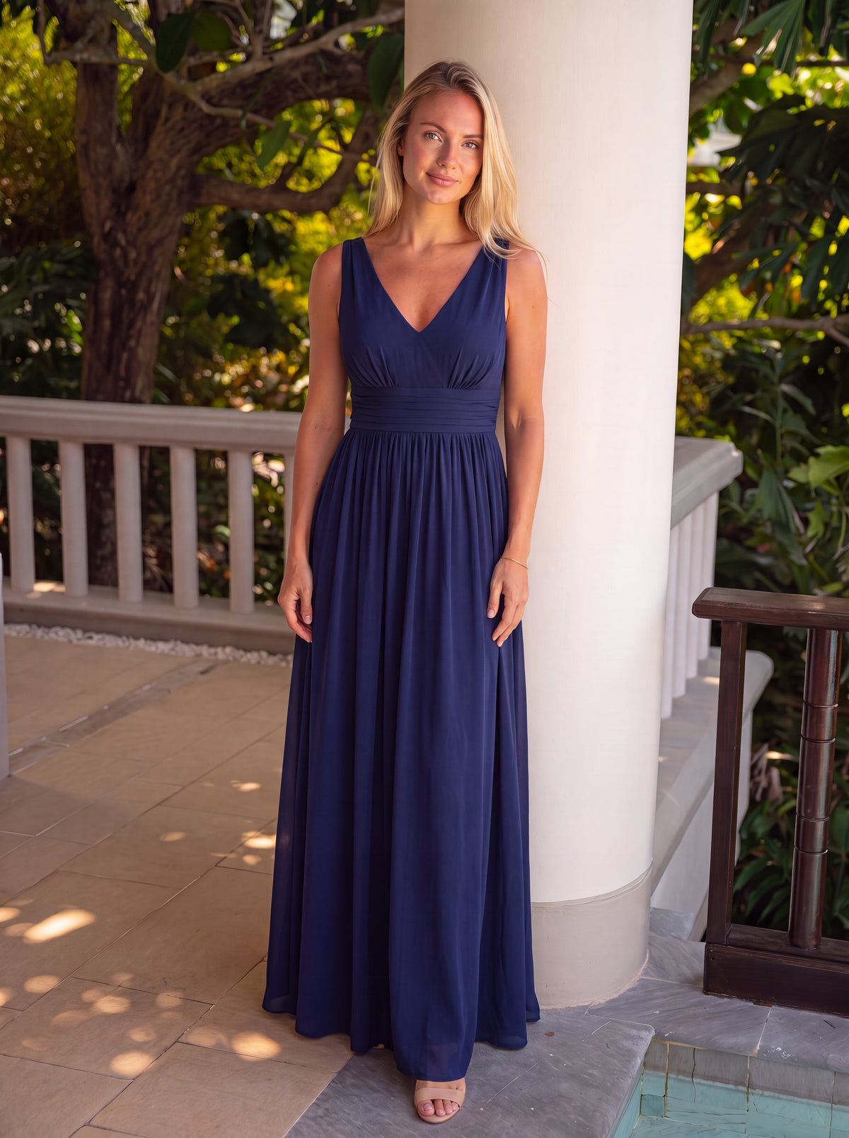 Bodenlanger A-Linien Chiffon Kleid Mit Tiefem V-Ausschnitt Eleganz Kleid #Farbe_Marineblau