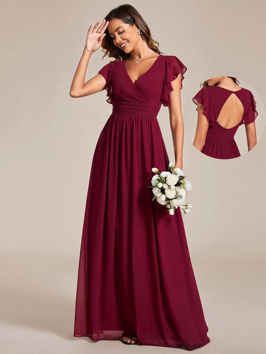 Funkelndes Abendkleid in A-Linie mit Empire-Taille und langen ?rmeln #farbe_Burgundy