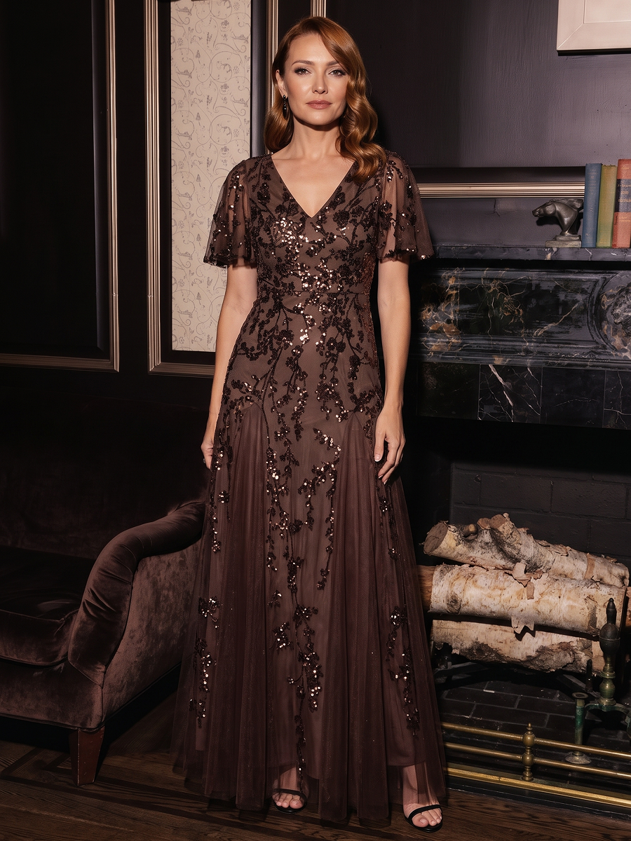 Maxi V-Ausschnitt A-Linie Kleid Aus Pailletten Mit Rüschendetails Aus Tüll #Farbe_Schokoladenbraun