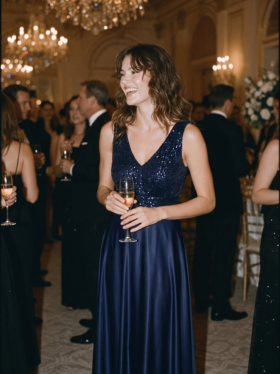 Maxilänge V-Ausschnitt A-Linien Kleid Aus Satin Mit Pailletten Für Glamourösen Look #Farbe_Marineblau