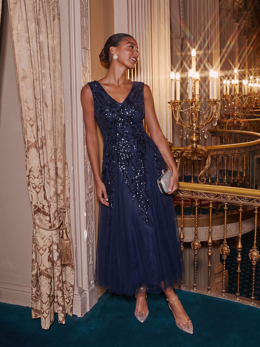 Paillettenkleid mit V-Ausschnitt und A-Linie für Hochzeitsgäste hochzeitsgastkleid #Farbe_Marineblau