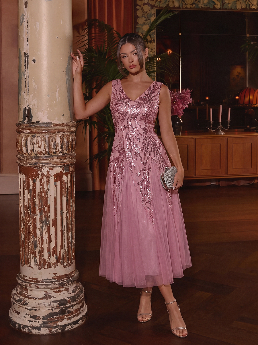 Paillettenkleid mit V-Ausschnitt und A-Linie für Hochzeitsgäste hochzeitsgastkleid #Farbe_Orchideenviolett