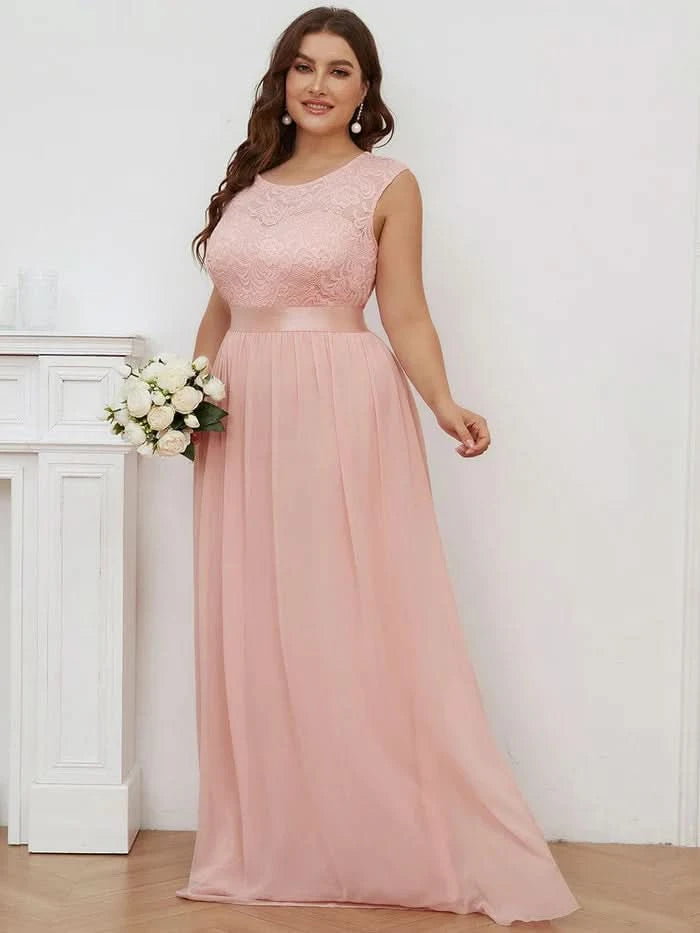 Größe Nach Maß Klassische A-Linie Chiffon Spitze Rundhals Brautjungfernkleider 00646