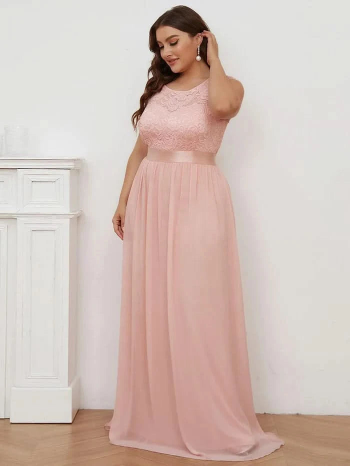 Größe Nach Maß Klassische A-Linie Chiffon Spitze Rundhals Brautjungfernkleider 00646