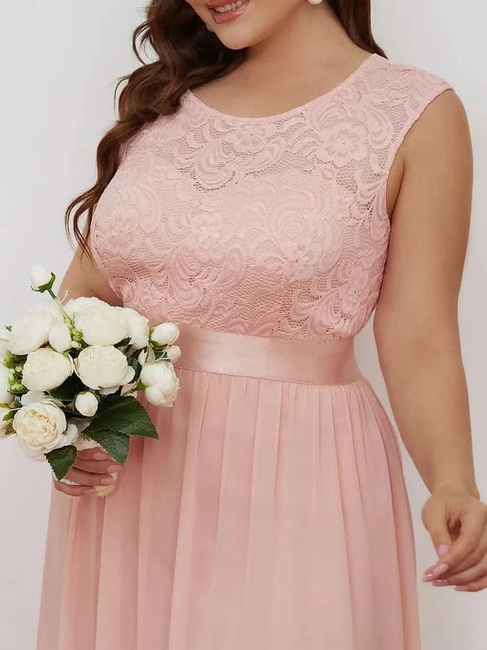 Größe Nach Maß Klassische A-Linie Chiffon Spitze Rundhals Brautjungfernkleider 00646
