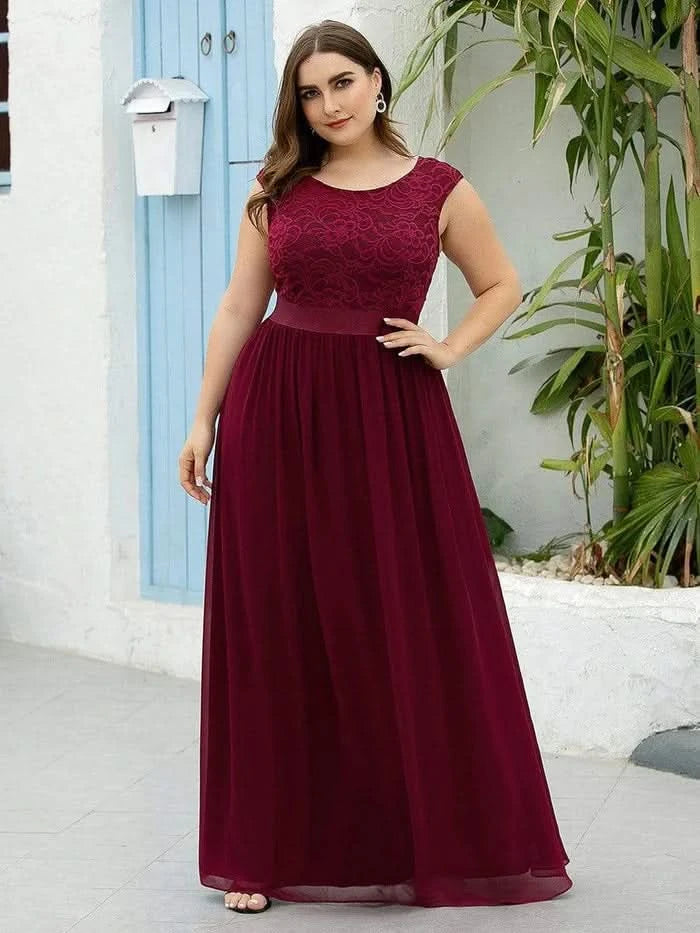 Größe Nach Maß Klassische A-Linie Chiffon Spitze Rundhals Brautjungfernkleider 00646
