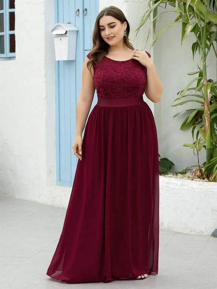 Größe Nach Maß Klassische A-Linie Chiffon Spitze Rundhals Brautjungfernkleider 00646