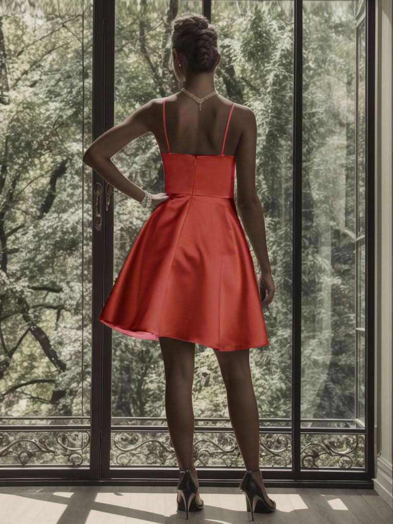 Größe Nach Maß Kurzes rückenfreies A-Linien-Kleid aus Satin mit Spaghettiträgern