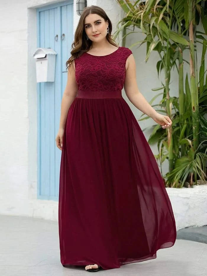 Größe Nach Maß Klassische A-Linie Chiffon Spitze Rundhals Brautjungfernkleider 00646