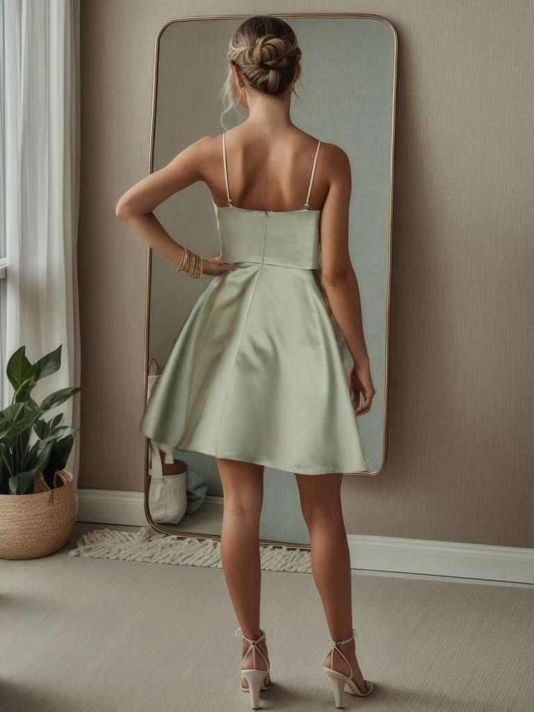 Größe Nach Maß Kurzes rückenfreies A-Linien-Kleid aus Satin mit Spaghettiträgern