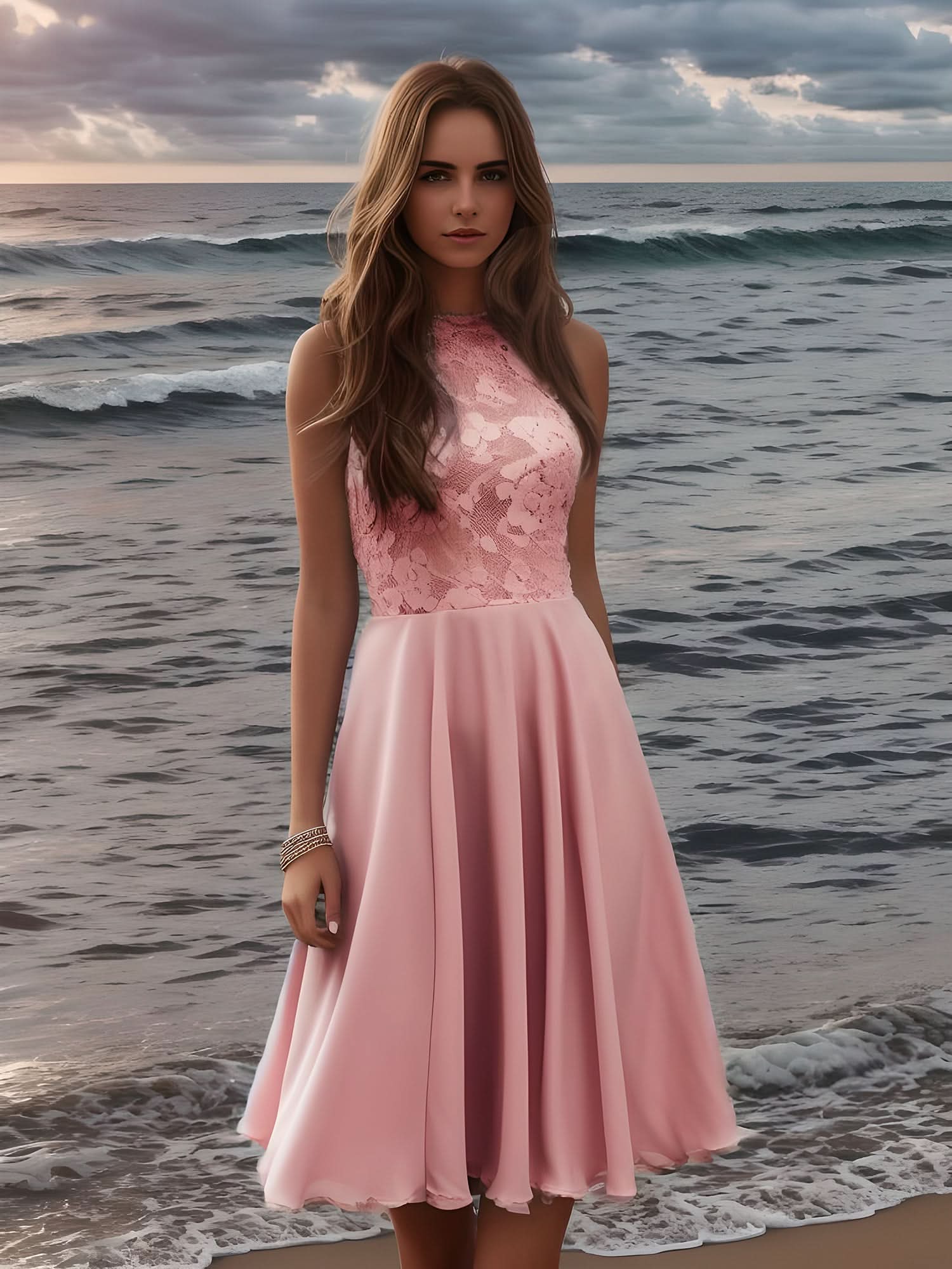 Größe Nach Maß Rückenfreies A-Linie-Chiffon-Kurzkleid mit Spitze und Neckholder