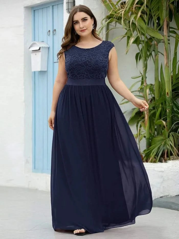 Größe Nach Maß Klassische A-Linie Chiffon Spitze Rundhals Brautjungfernkleider 00646