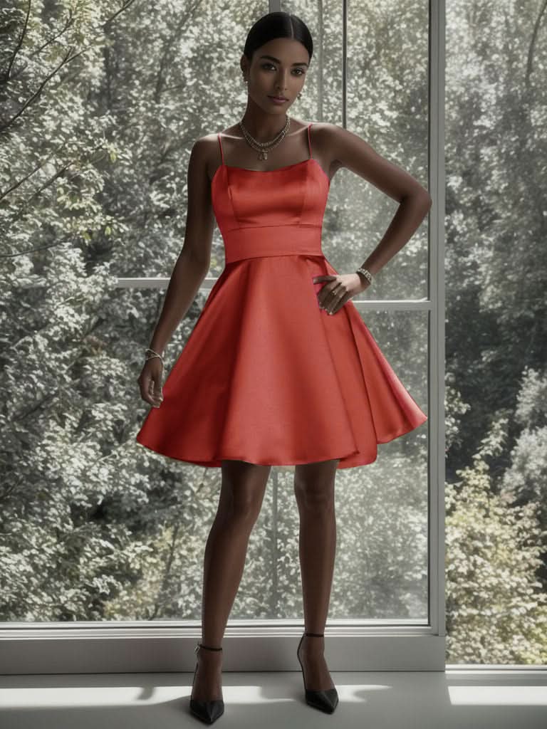 Größe Nach Maß Kurzes rückenfreies A-Linien-Kleid aus Satin mit Spaghettiträgern