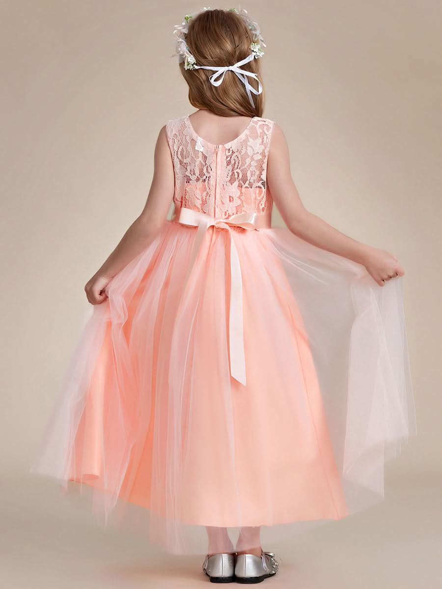 Blumenmädchenkleid Prinzessin Bow Ärmellos Spitze #farbe_Blush