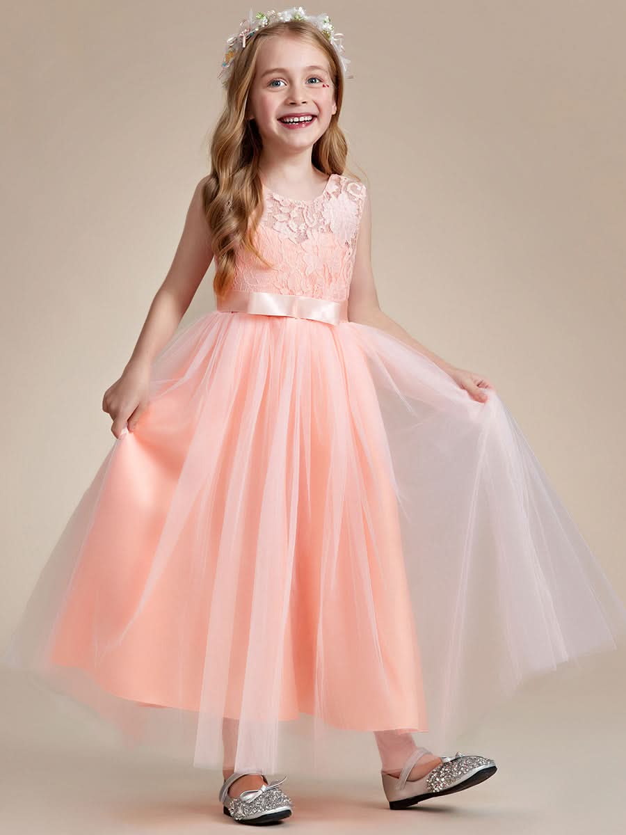 Blumenmädchenkleid Prinzessin Bow Ärmellos Spitze #farbe_Blush