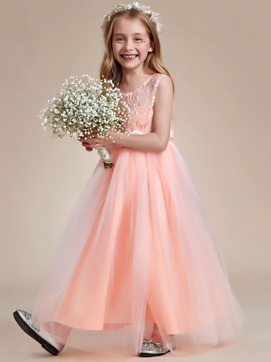 Blumenmädchenkleid Prinzessin Bow Ärmellos Spitze #farbe_Blush