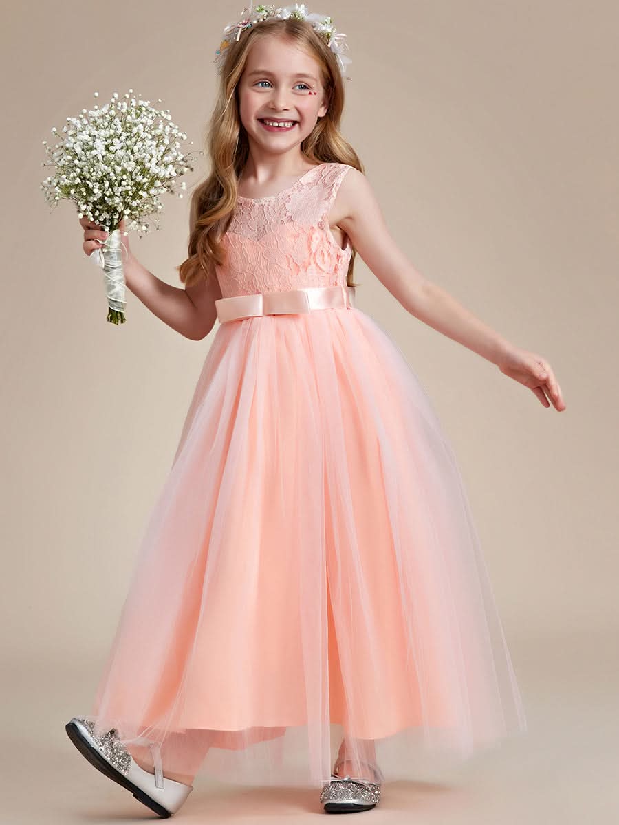Blumenmädchenkleid Prinzessin Bow Ärmellos Spitze #farbe_Blush