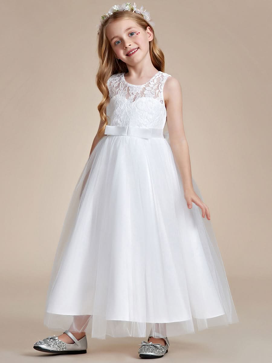 Blumenmädchenkleid Prinzessin Bow Ärmellos Spitze #farbe_weiss