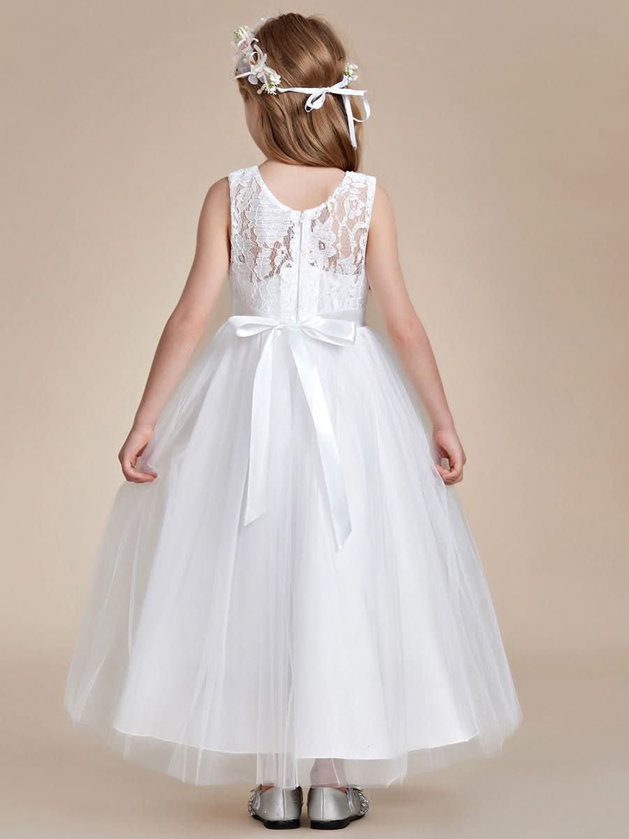 Blumenmädchenkleid Prinzessin Bow Ärmellos Spitze #farbe_weiss