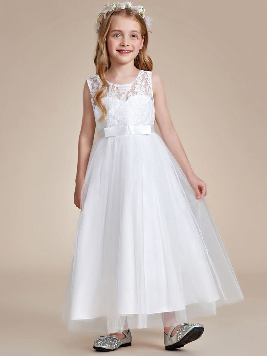 Blumenmädchenkleid Prinzessin Bow Ärmellos Spitze #farbe_weiss